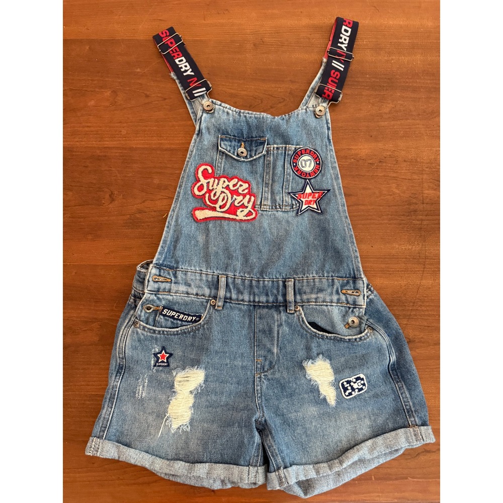 Superdry Vintage Denim Overalls Korean Retro Distressed Patches Blue Womens 4